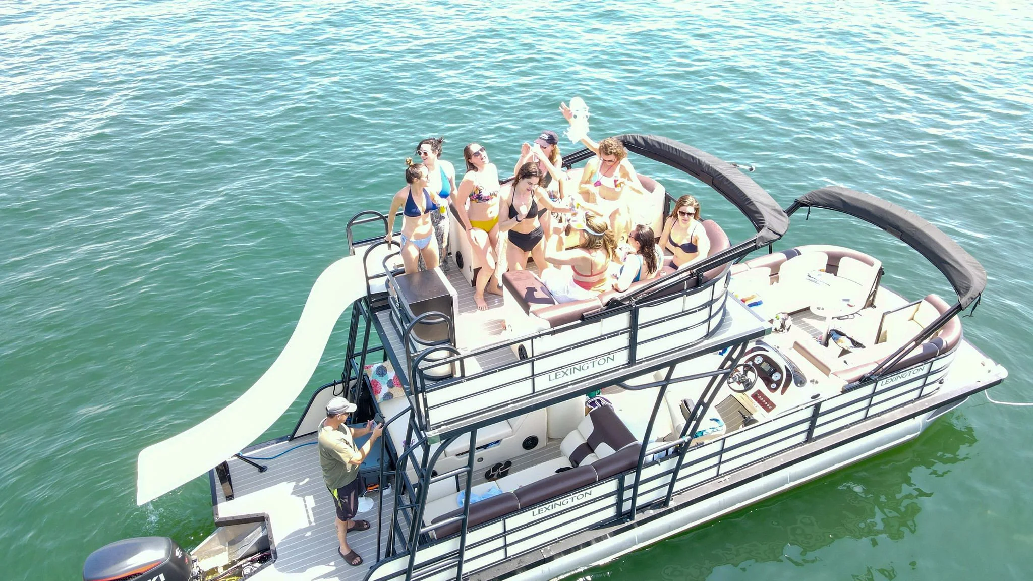The Double Decker — 2022 Lexington 631 Double Deck Pontoon anchored on Lake Norman