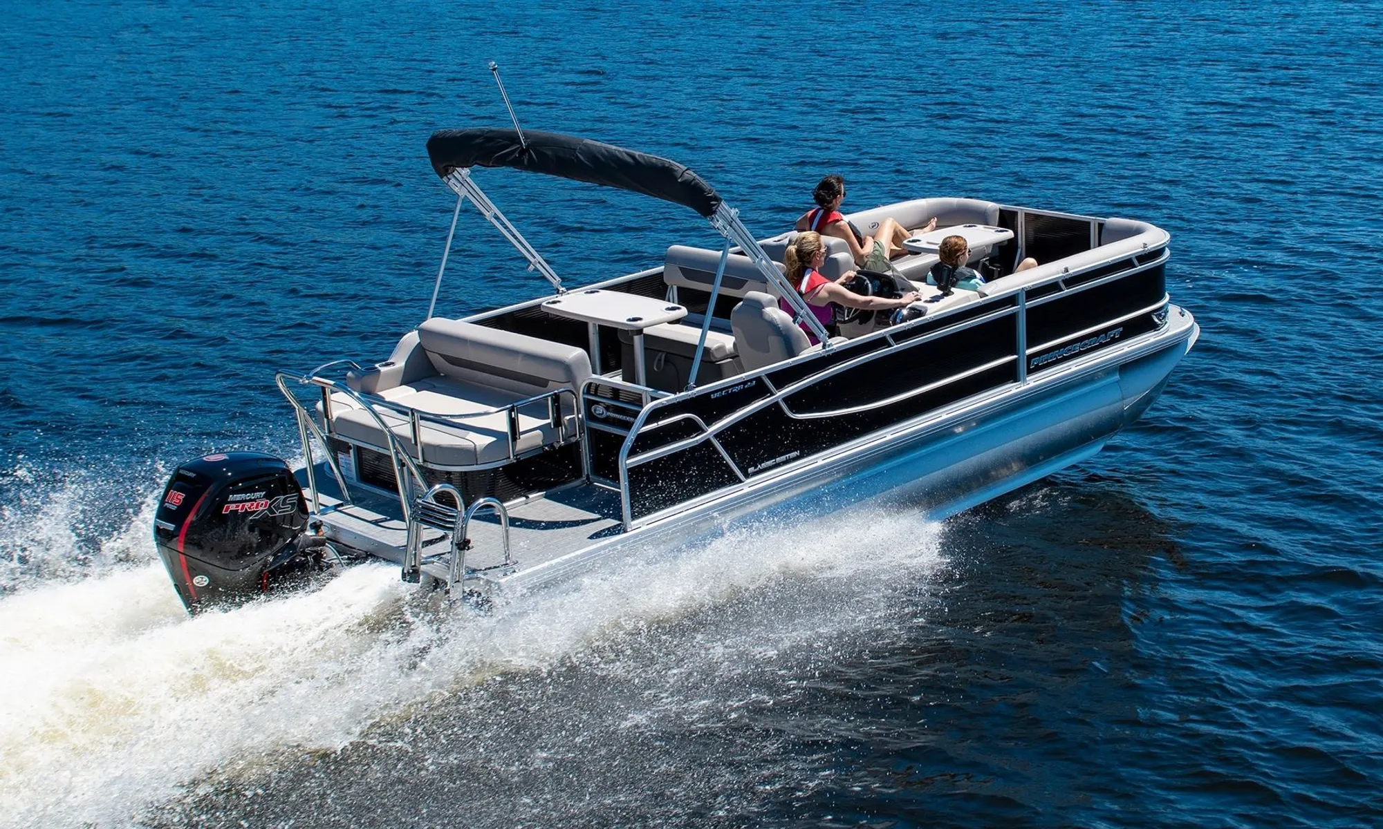 The 2023 Vectra Tritoon — 2023 Princecraft Vectra 23 RL Tritoon anchored on Lake Norman